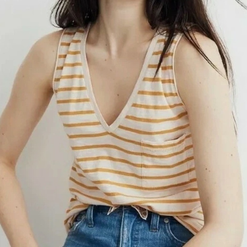Madewell Baker Striped V-Neck Pocket Tank Top Tungsten Glow White XS Womens